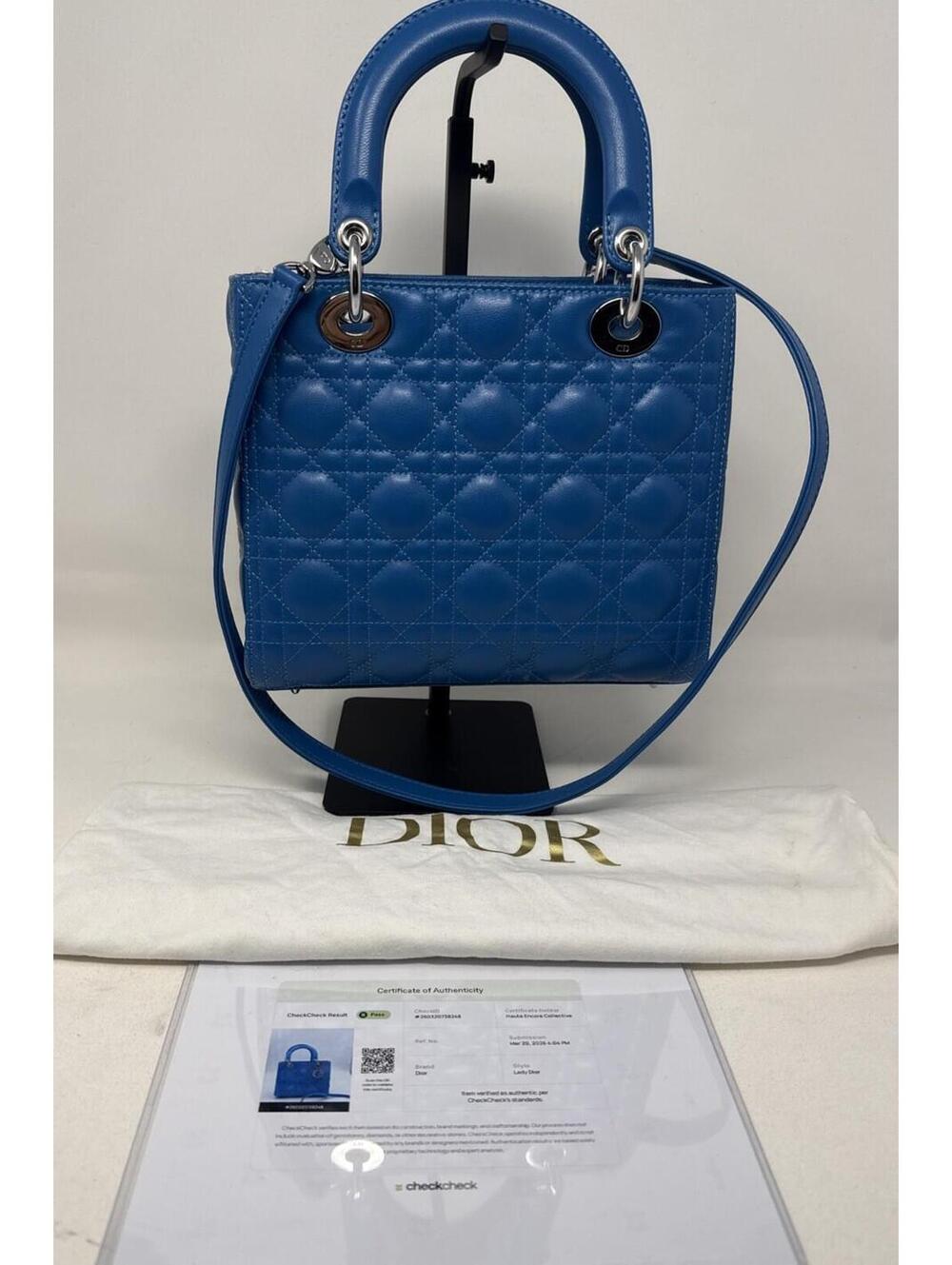 Christian Dior Lady Dior Blue Cannage Quilt Lambskin Medium Bag  Pristine COA